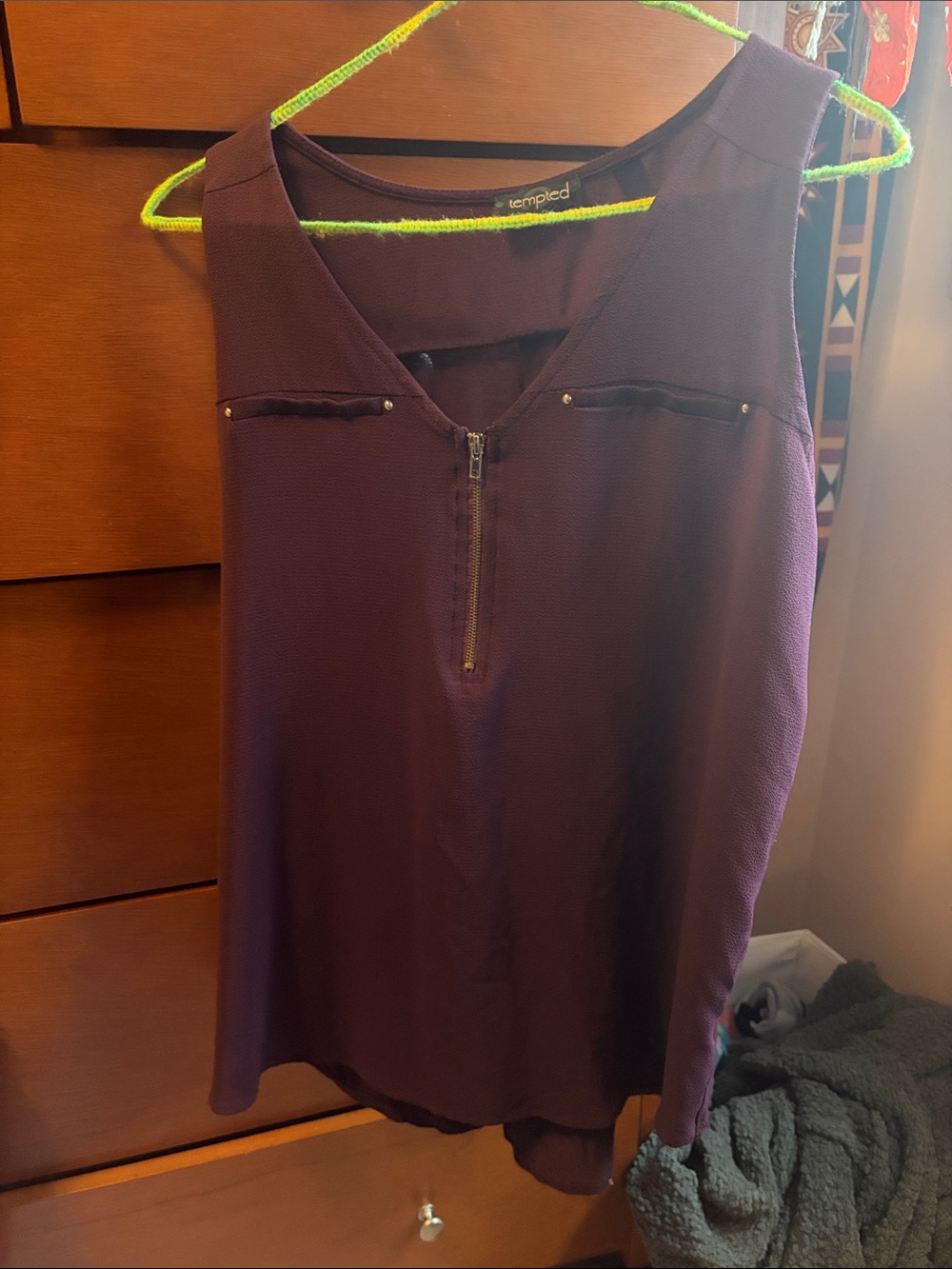 Tempted Sleeveless Plum High-Low Zip Front Tank top